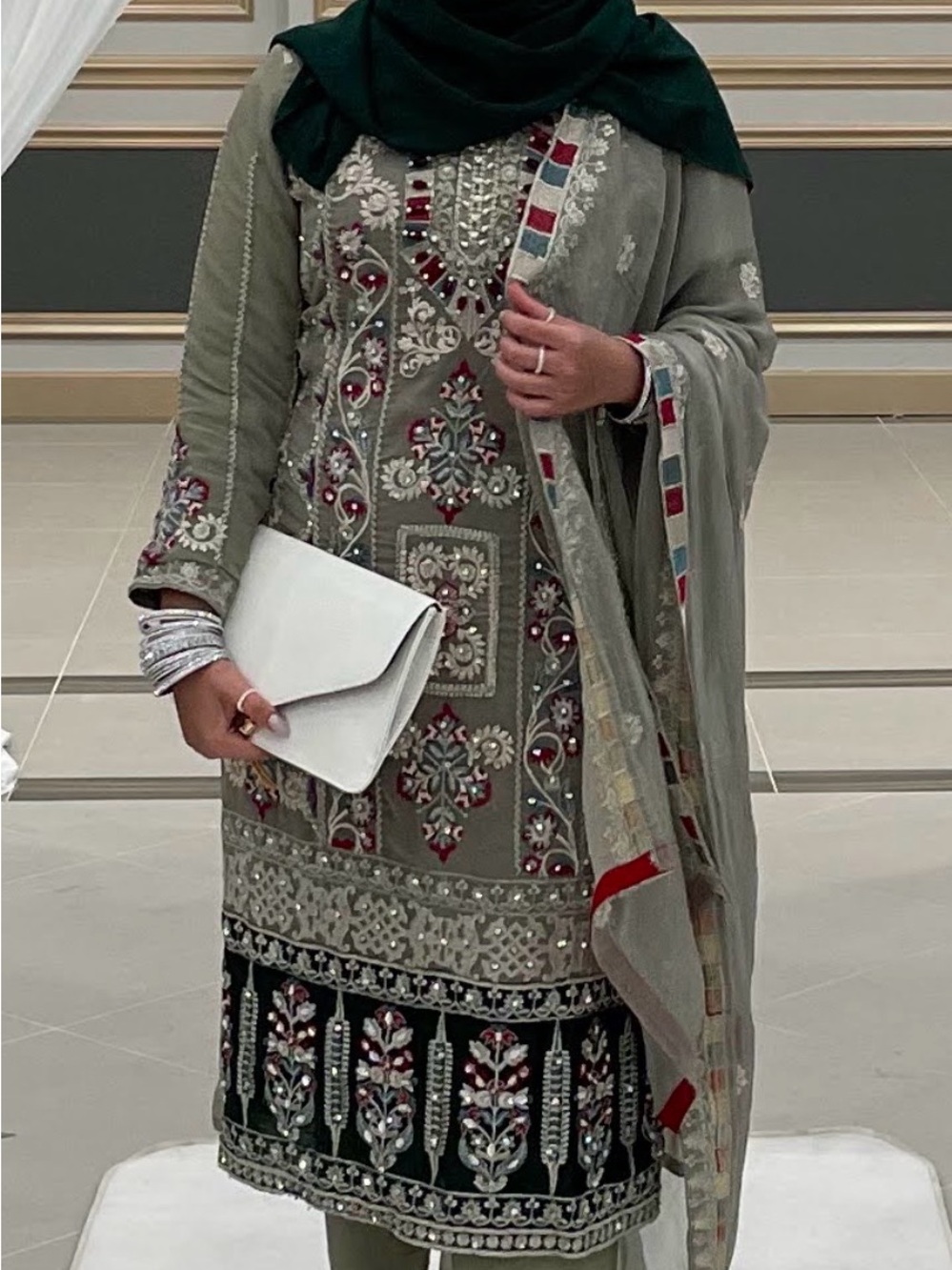 Embroidered Olive Green Women's Dress with Dupatta
